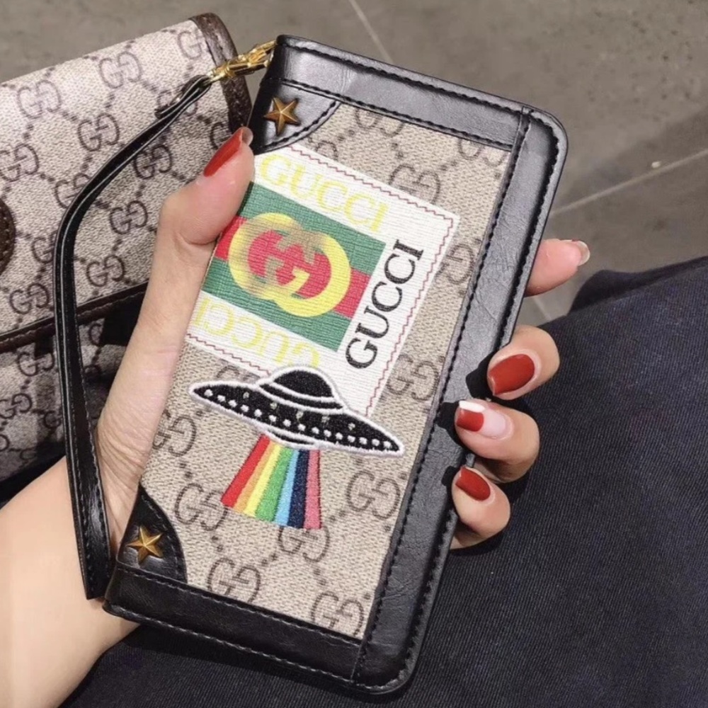 Gucci iPhoneX Embroidery Canvas Brown Edges Wallet
